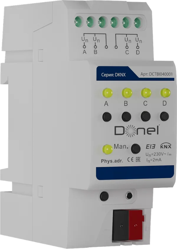 Donel KNX Бинарный вход 4-канальный Вход 0–265 В AC/DC, макс. 2 мА, 0–3 В для «0», 9–265 В для «1», длина кабеля ≤100 м (1,5 мм2) Cерия DKNX — фото 2